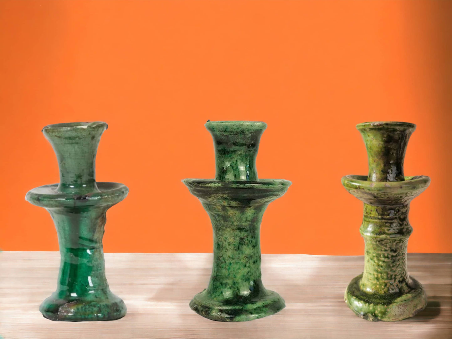 Handmade Vintage Tamegroute Green Candlestick Holder: Large
