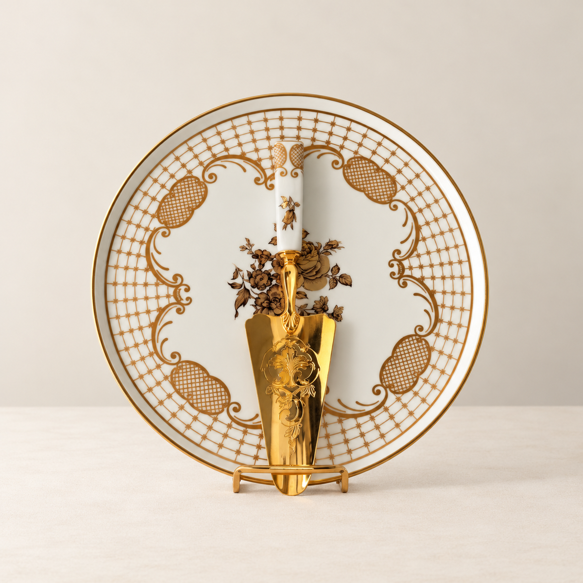 Second view of vintage Dubarry cake plate and matching gold cake server
