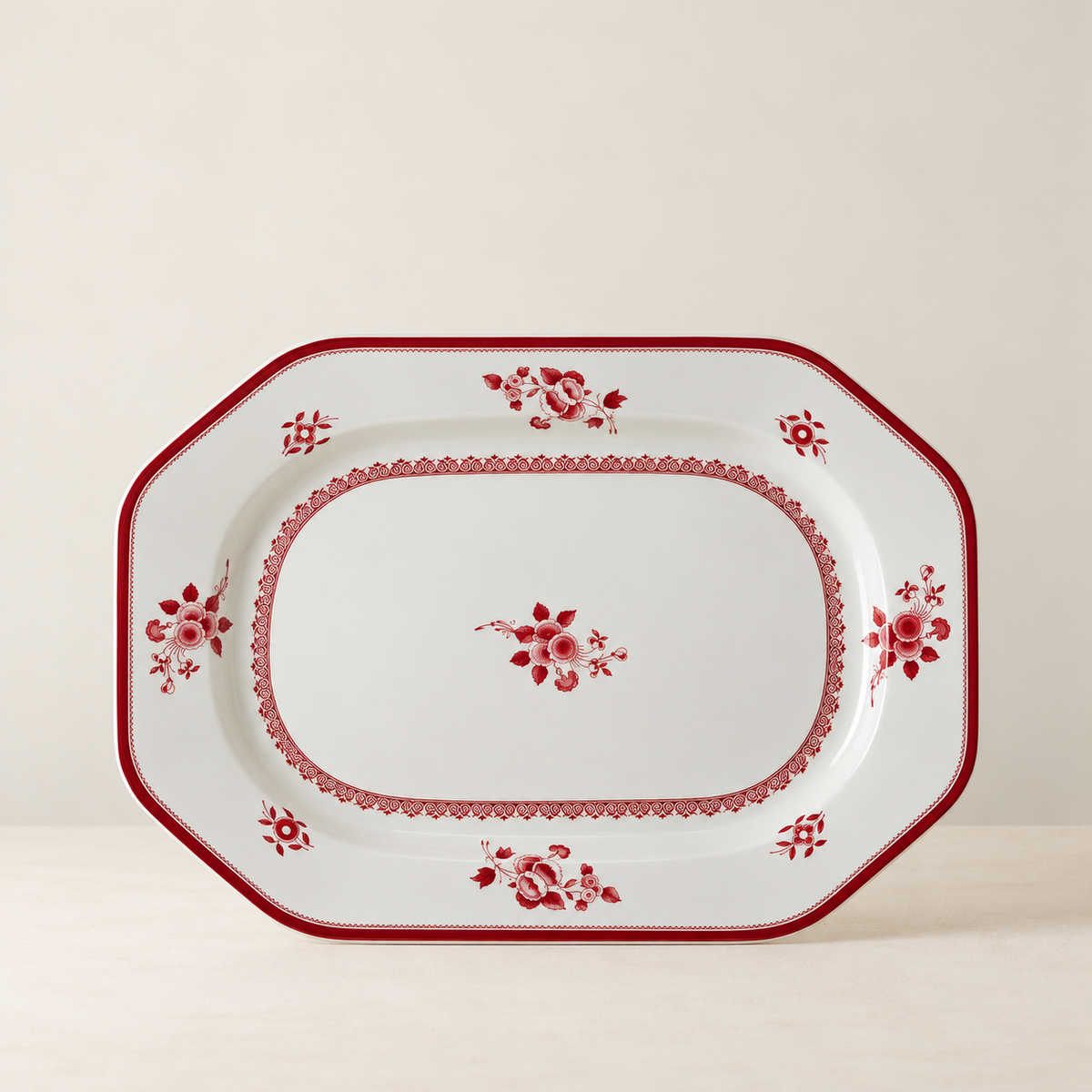 Vintage Spode large red floral serving platter on warm ivory background