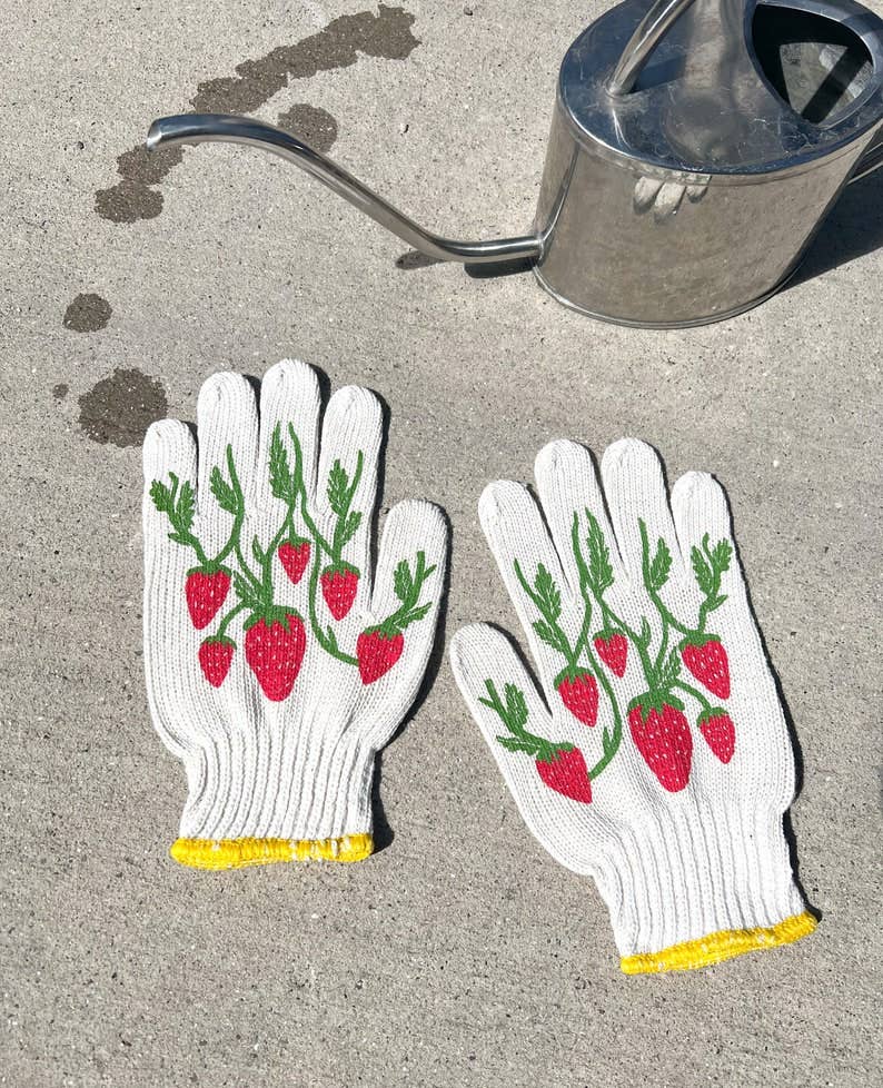 Strawberry Gardening Gloves: Cotton Knit Blend, Screen-Printed: Strawberry Gloves