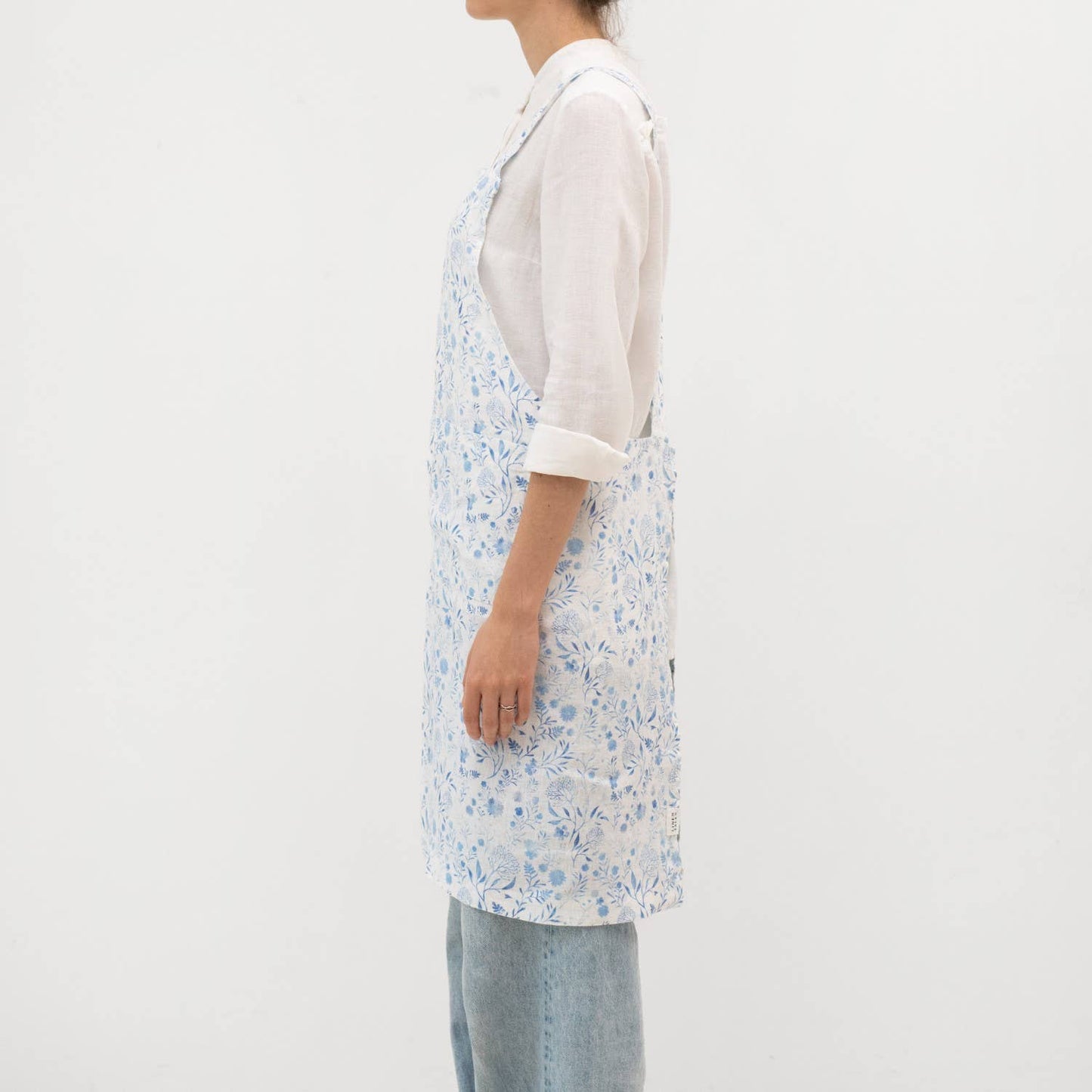 White Botanical Blue Linen Japanese Crossback Apron