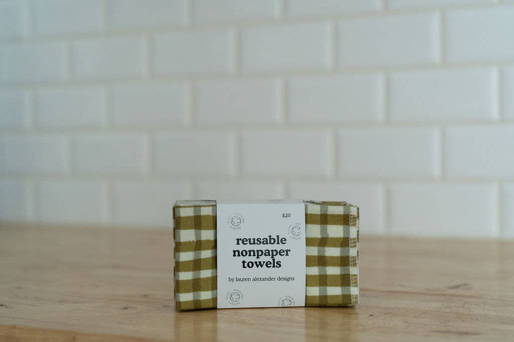Reusable Paper Towels - Green Gingham : 6 Pack Folded