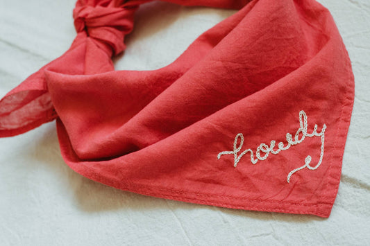 Hand embroidered Howdy organic cotton bandana- hand dyed: Strawberry red