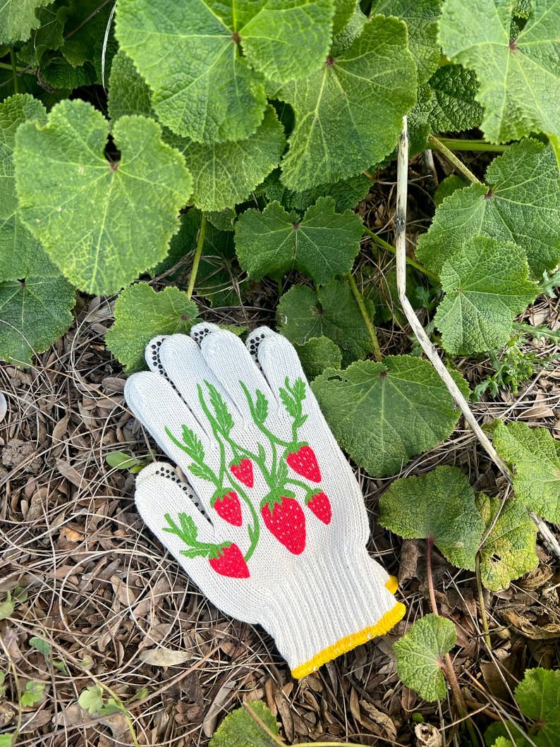 Strawberry Gardening Gloves: Cotton Knit Blend, Screen-Printed: Strawberry Gloves