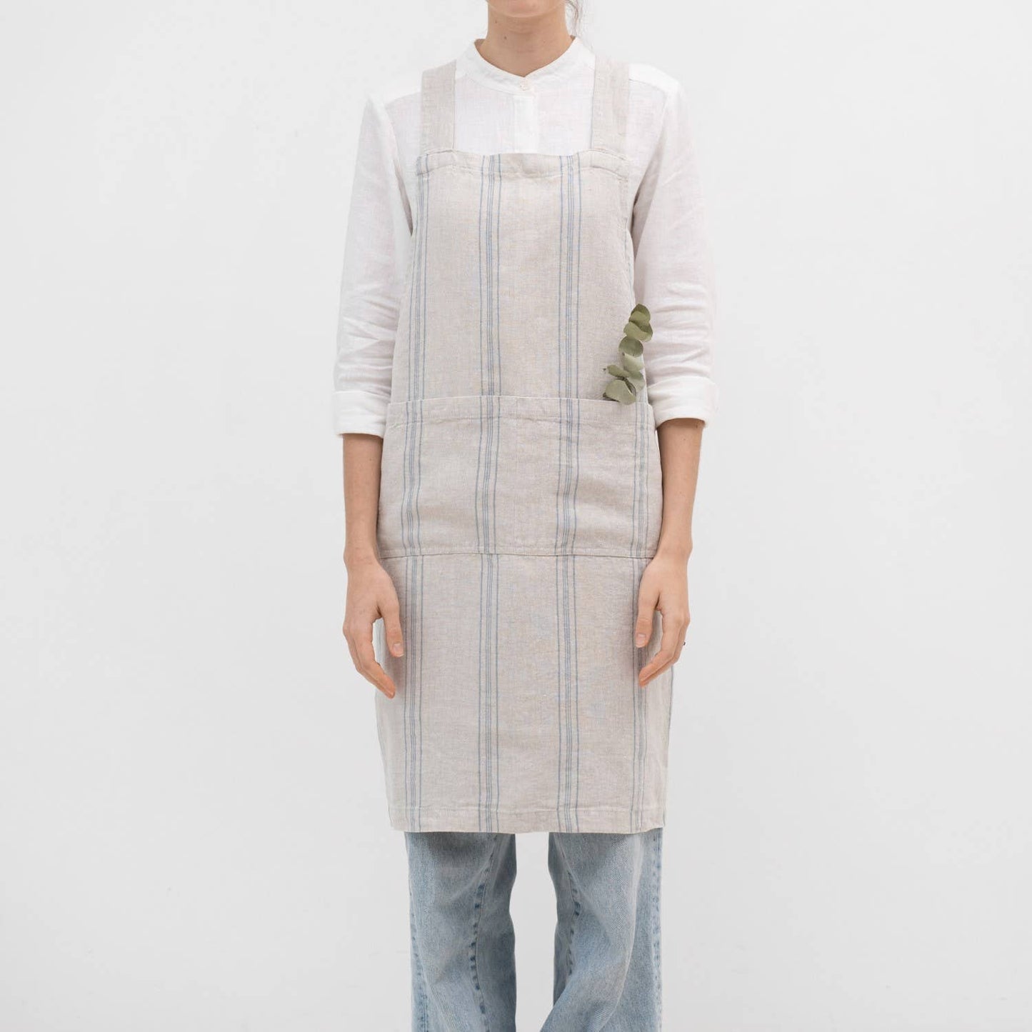 Grey Blue Wide Stripe Rustic Linen Japanese Crossback Apron