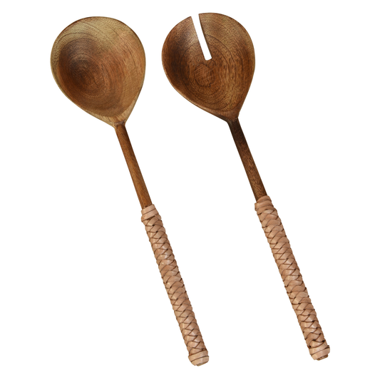 Burke Salad Servers, Wood & Natural Leather