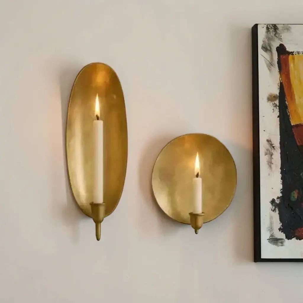 Brass Wall Candle Sconce Handmade Moroccan Brass Wall Sconce Round and Oval: Set Of 2  Round & Oval