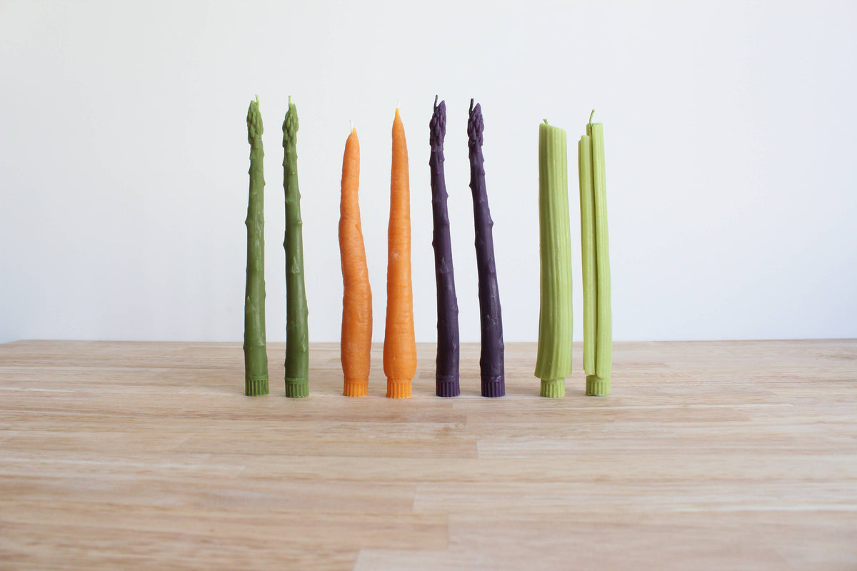 Purple Asparagus Beeswax Candle Taper Pair: Hand-wrapped