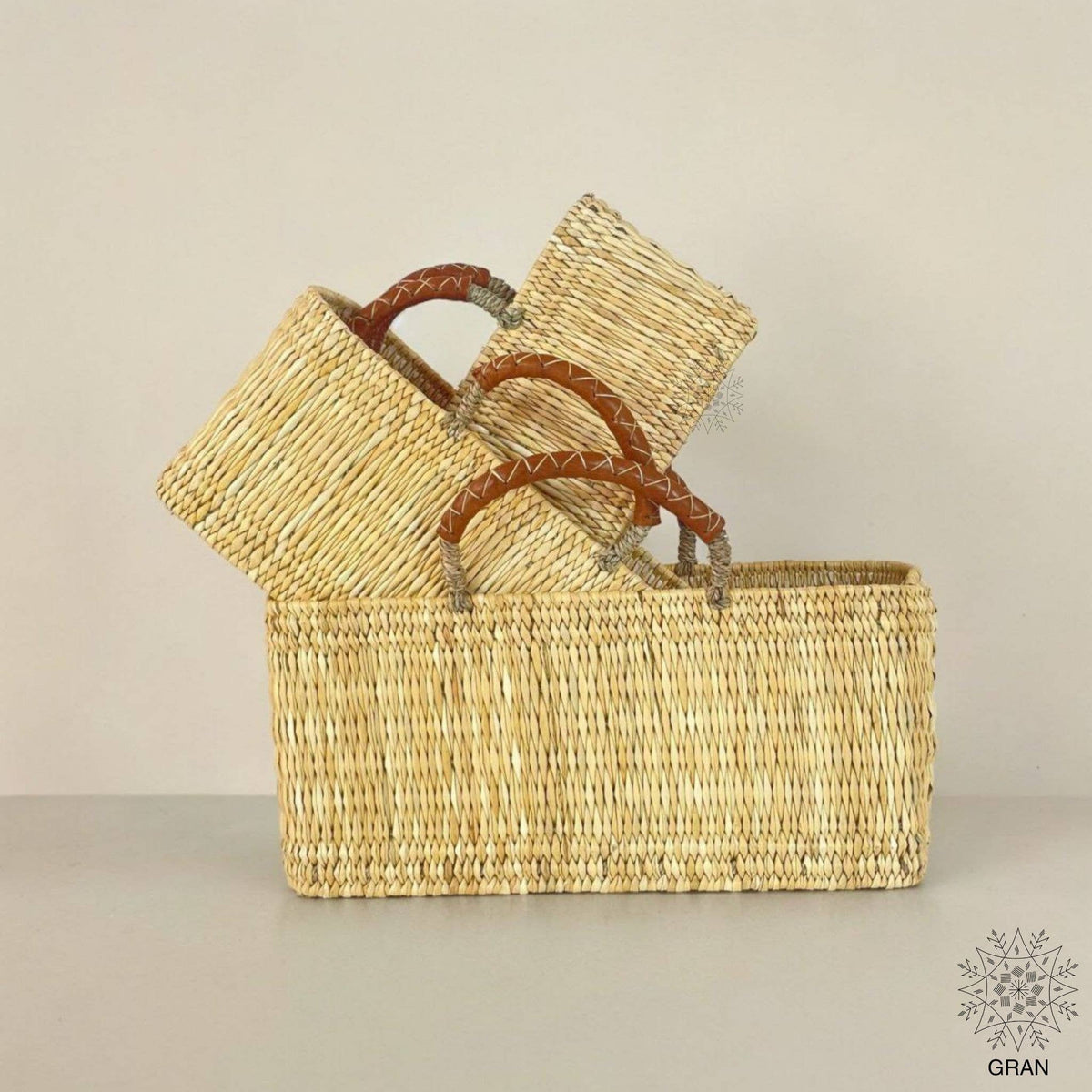 Market Reed Storage, Leather Baskets Shopping Bag.: Small