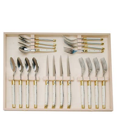 Jean Dubost 20 Pc Flatware Set with Ivory in a closed box