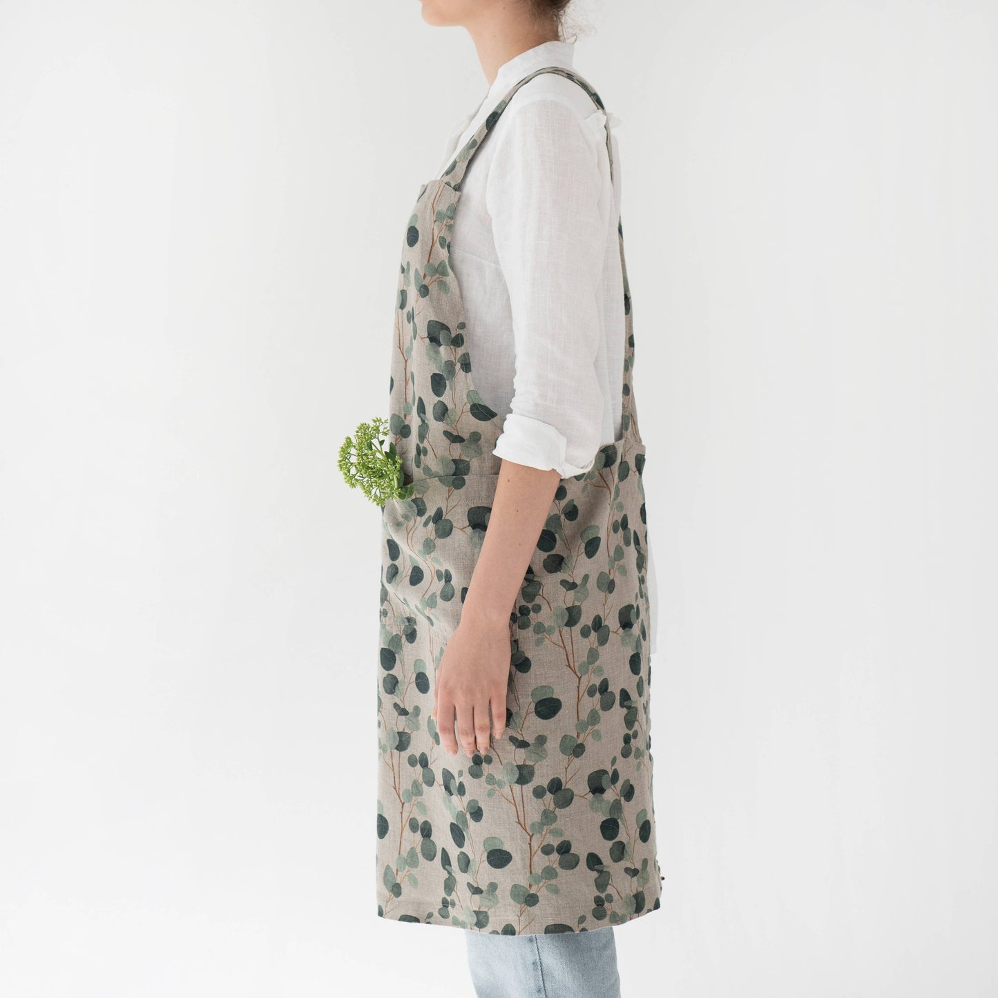Eucalyptus on Natural Linen Japanese Crossback Apron