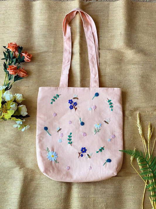 Pink Linen Tote Bag With Daisy & Bee Embroidery