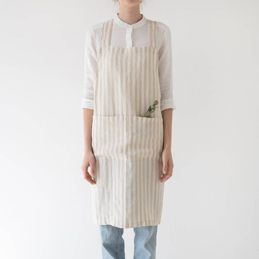 Natural White Stripes Linen Japanese Crossback Apron
