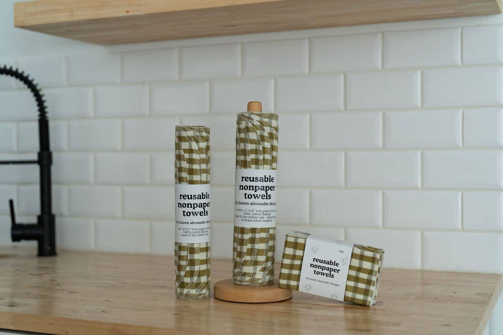 Reusable Paper Towels - Green Gingham : 6 Pack Folded