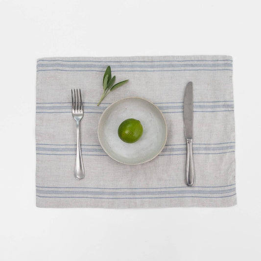 Grey Blue Wide Stripe Rustic Linen Placemat