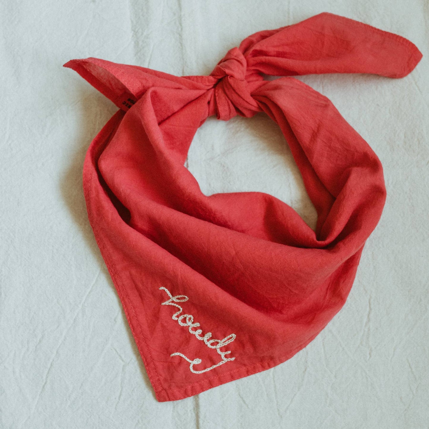 Hand embroidered Howdy organic cotton bandana- hand dyed: Strawberry red