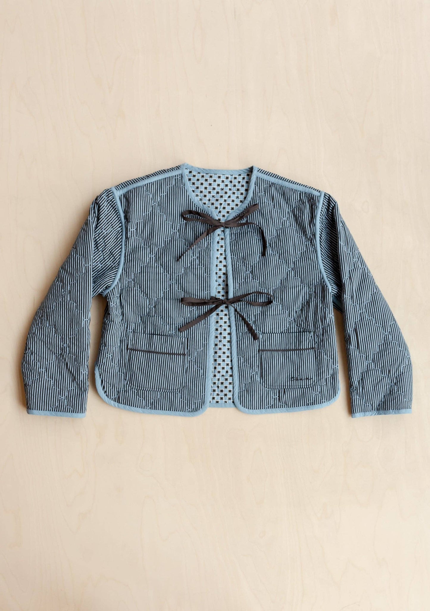 Quilted Cotton Jacket in Reversible Blue Celestial Stripe: M