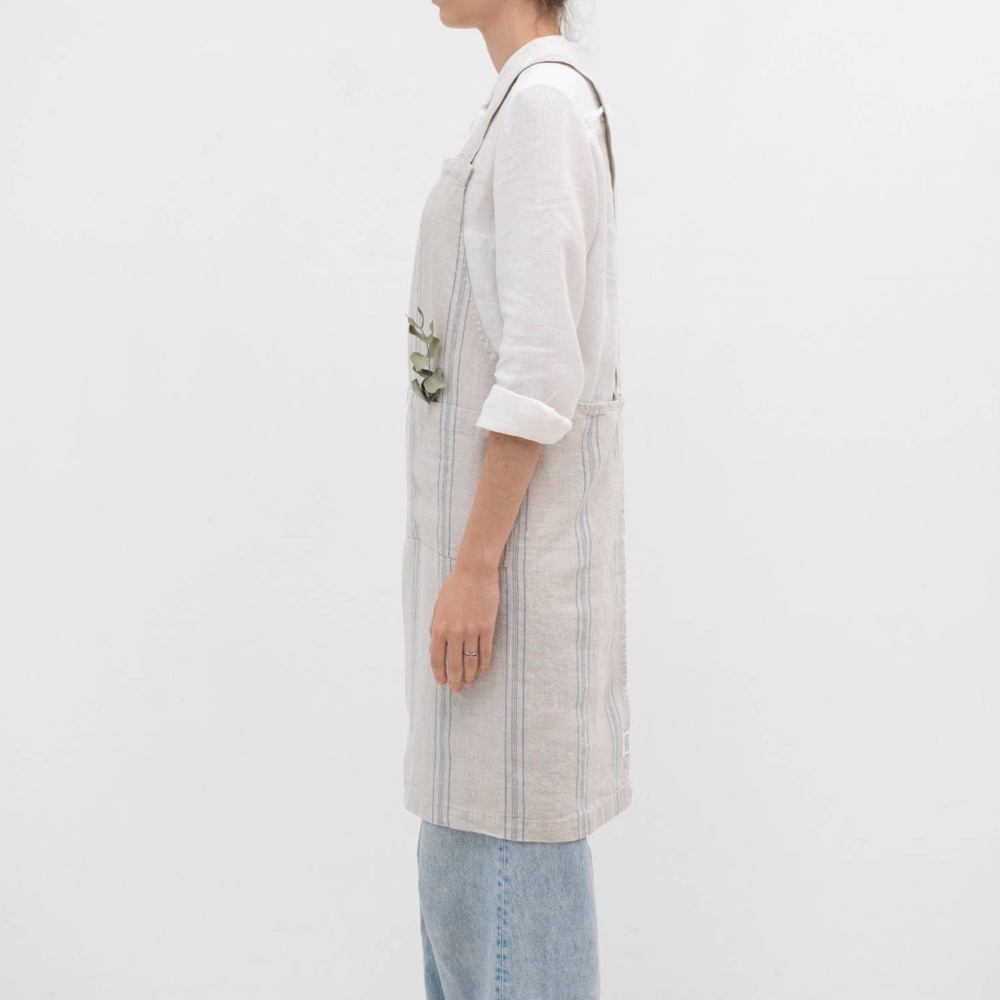 Grey Blue Wide Stripe Rustic Linen Japanese Crossback Apron