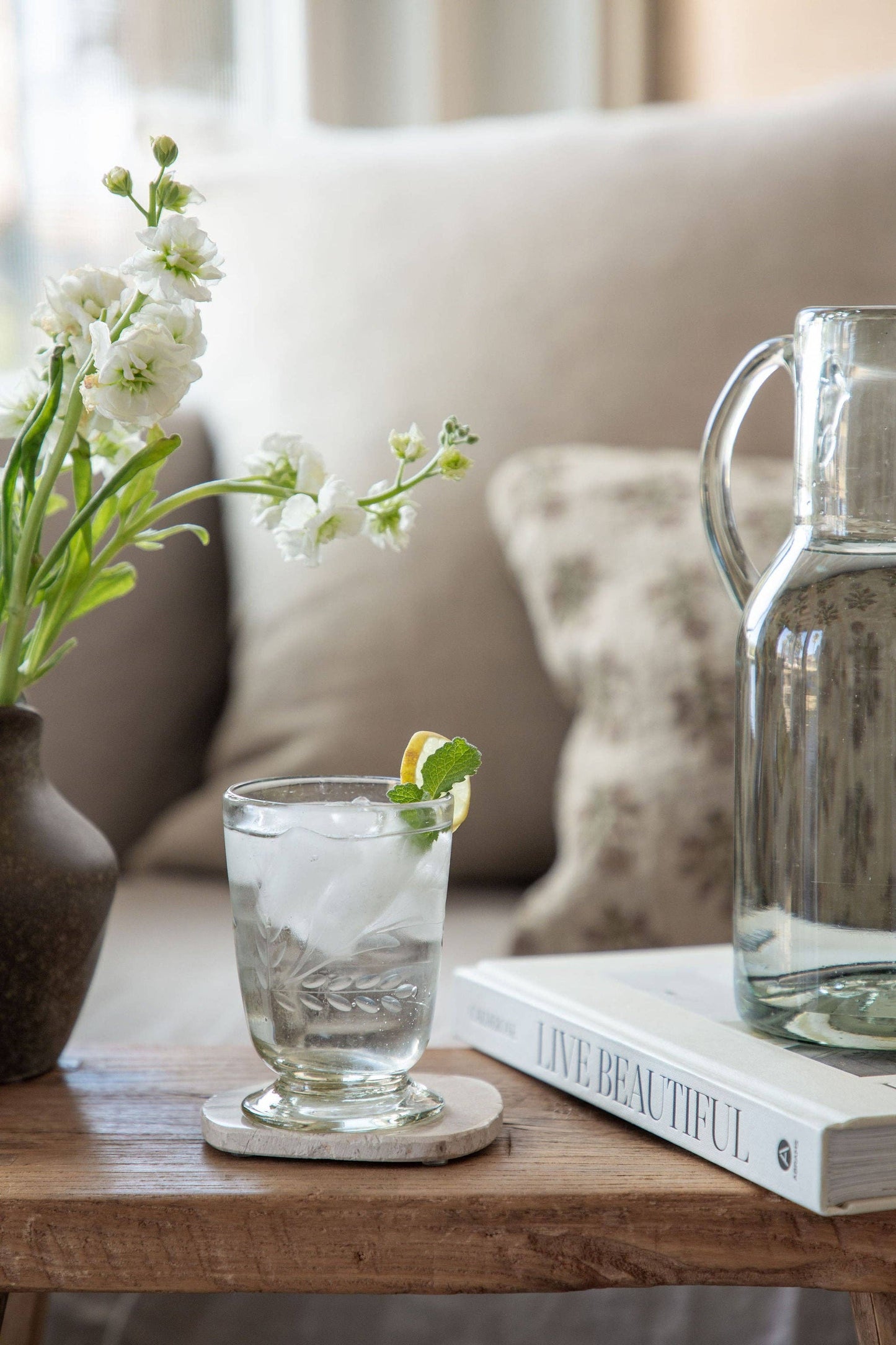 Hand-etched Blown Footed Glass: Water Glass