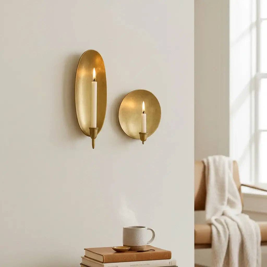 Brass Wall Candle Sconce Handmade Moroccan Brass Wall Sconce Round and Oval: Set Of 2  Round & Oval