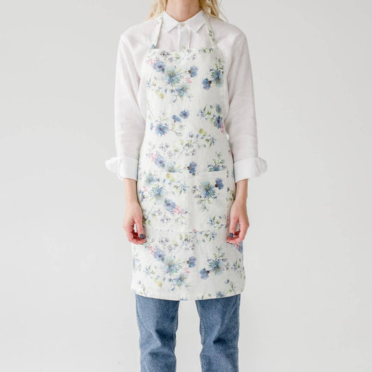 White Flowers Linen Daily Apron: S-M