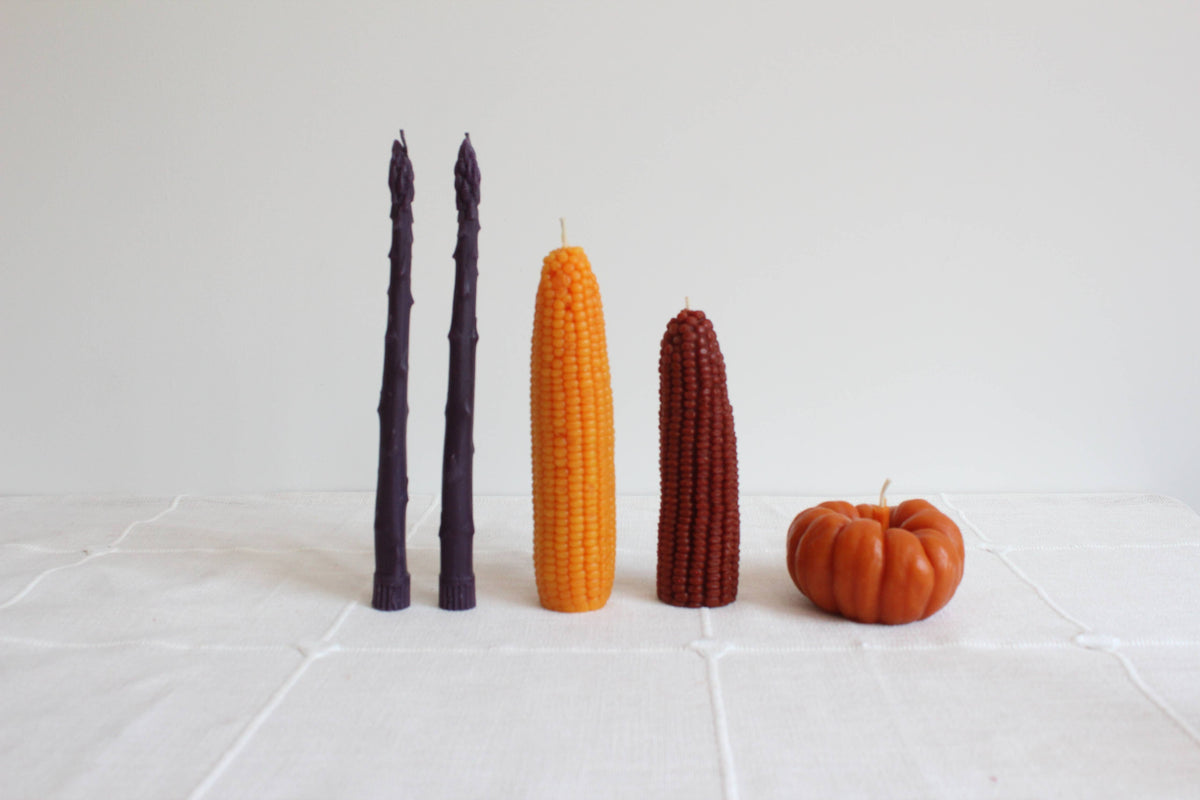 Purple Asparagus Beeswax Candle Taper Pair: Hand-wrapped