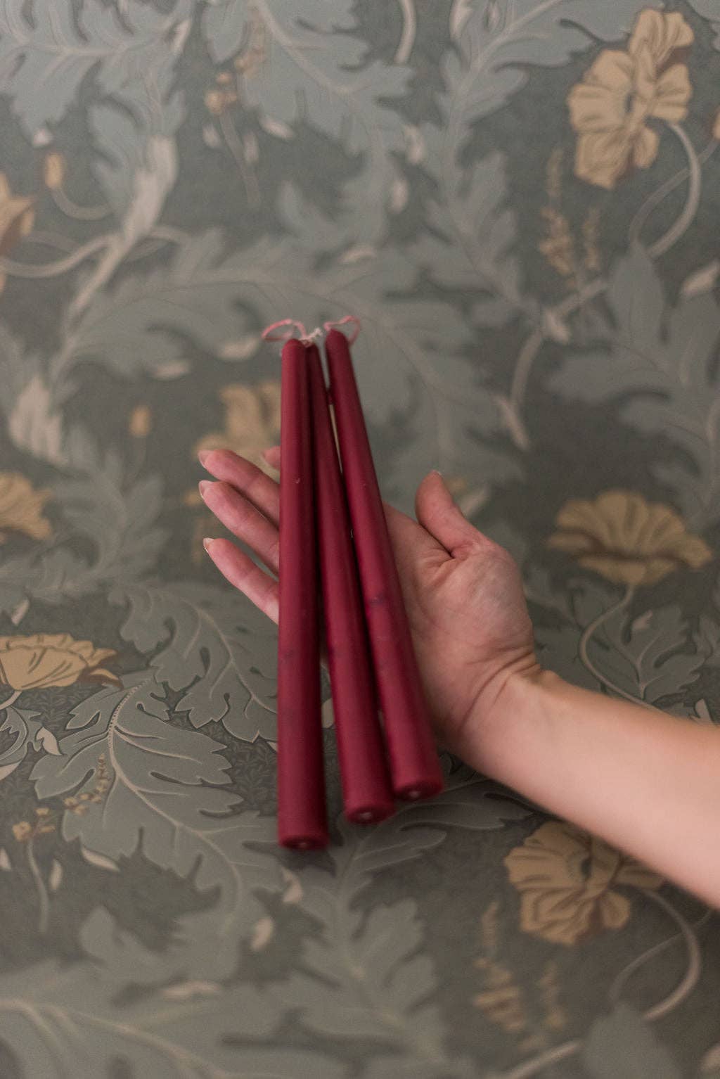 Floral Inlaid Tapered Candle in Burgundy - Set of 3