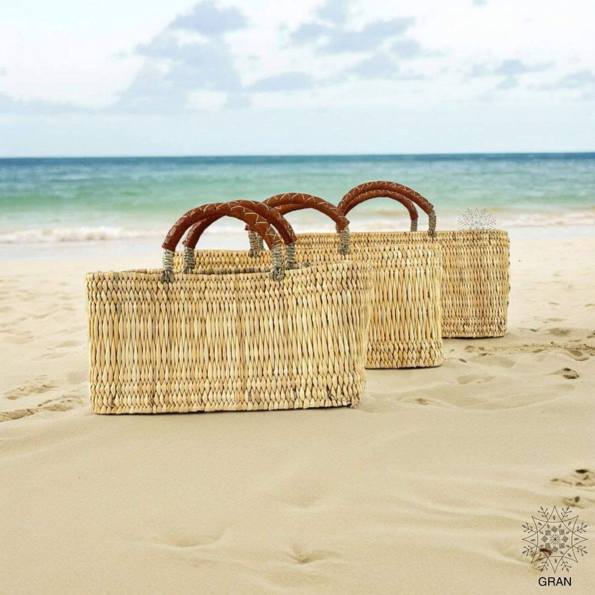 Market Reed Storage, Leather Baskets Shopping Bag.: Medium
