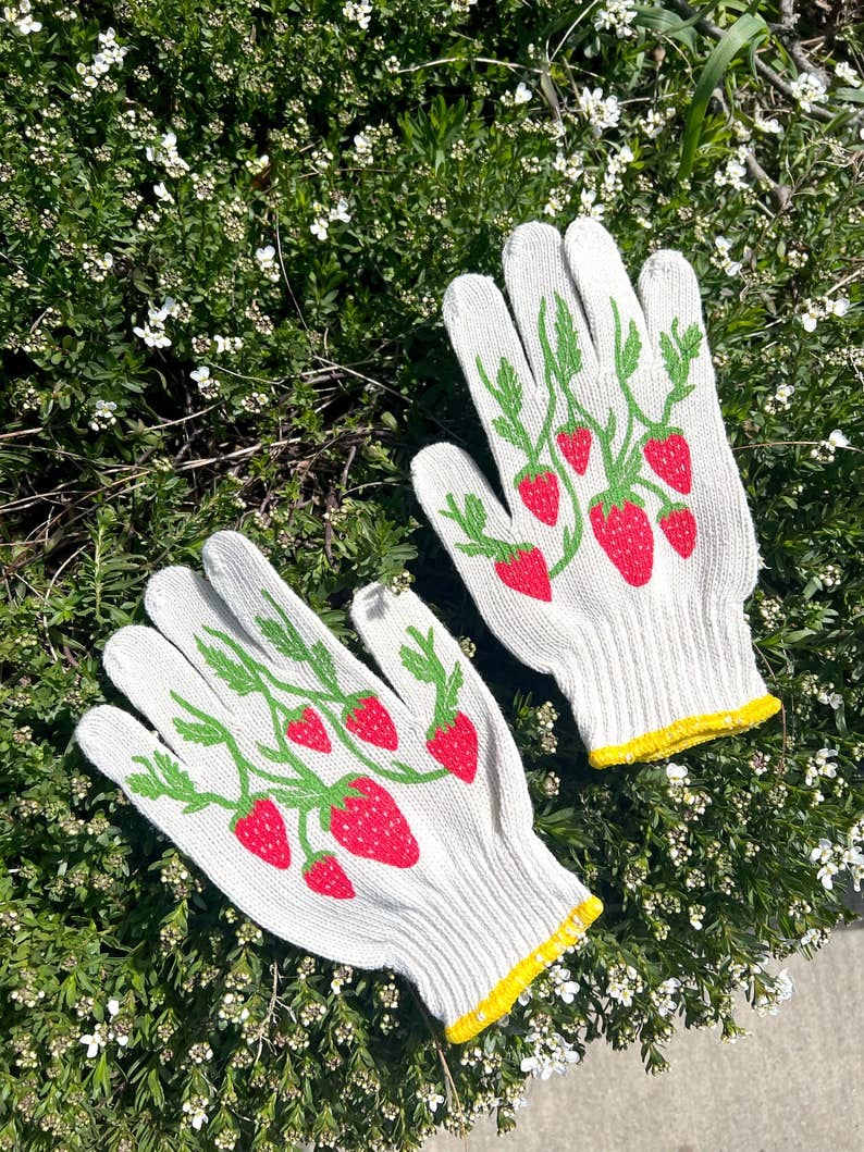 Strawberry Gardening Gloves: Cotton Knit Blend, Screen-Printed: Strawberry Gloves