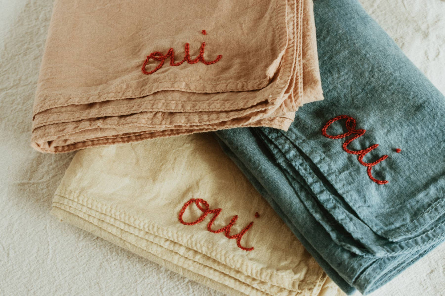 Hand embroidered hand dyed organic cotton bandana - Oui ban: Indigo blue