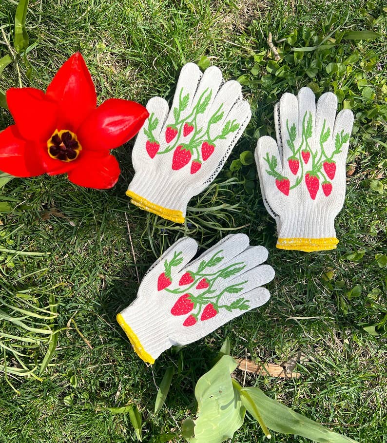 Strawberry Gardening Gloves: Cotton Knit Blend, Screen-Printed: Strawberry Gloves
