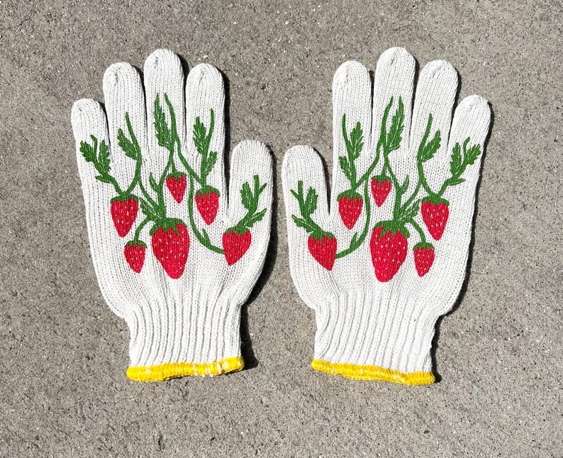 Strawberry Gardening Gloves: Cotton Knit Blend, Screen-Printed: Strawberry Gloves