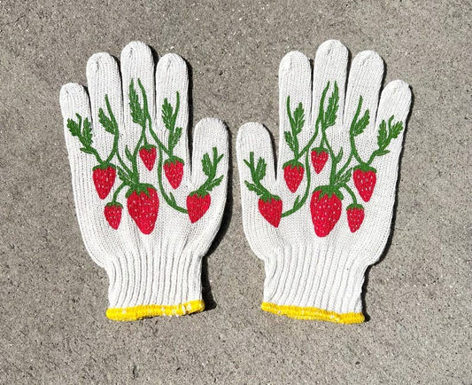 Strawberry Gardening Gloves: Cotton Knit Blend, Screen-Printed: Strawberry Gloves