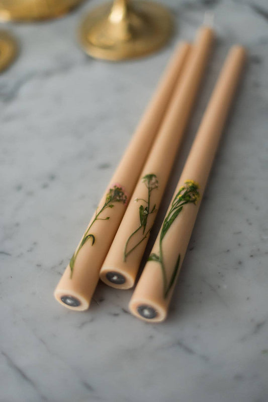 Floral Inlaid Tapered Candles - Set of 3