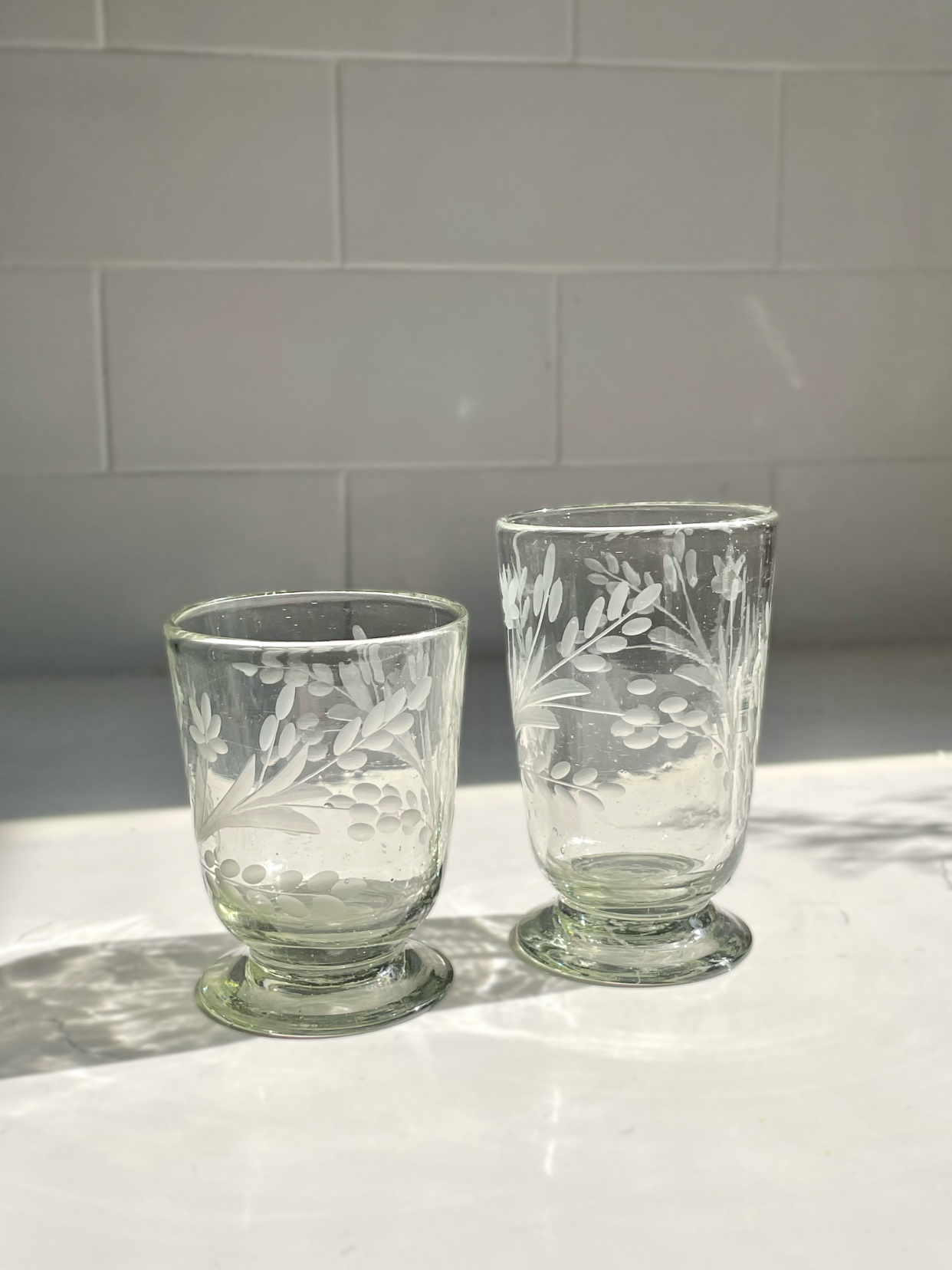 Hand-etched Blown Footed Glass: Water Glass