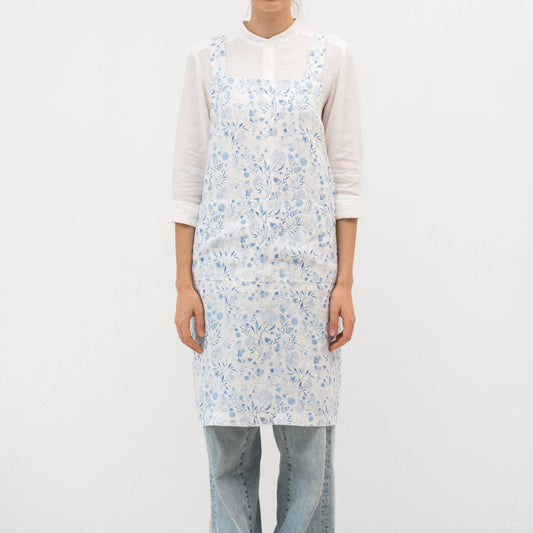 White Botanical Blue Linen Japanese Crossback Apron