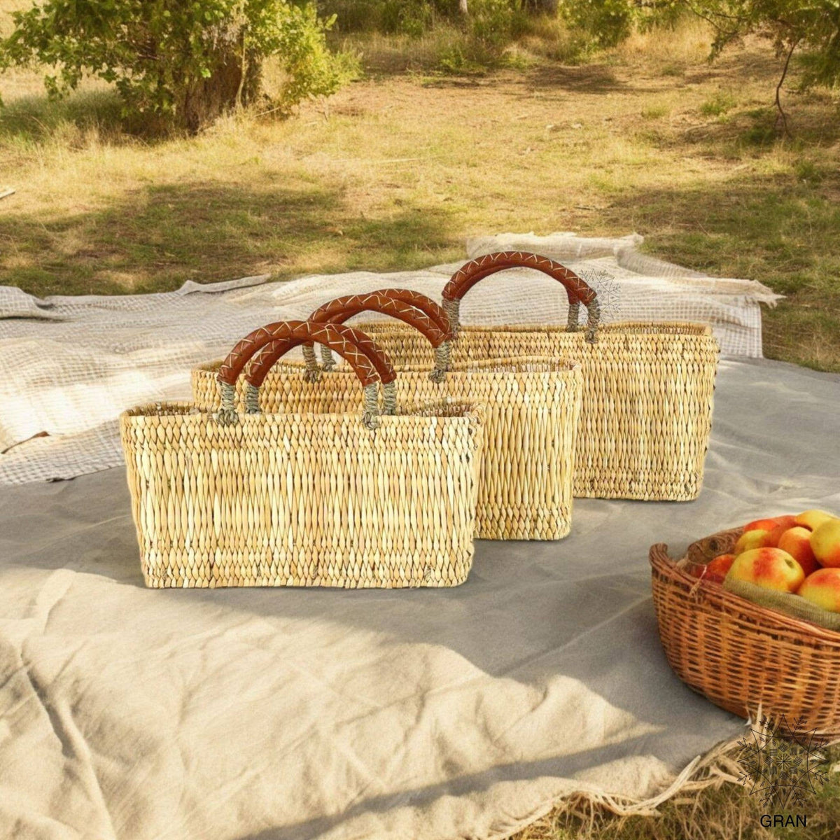 Market Reed Storage, Leather Baskets Shopping Bag.: Medium