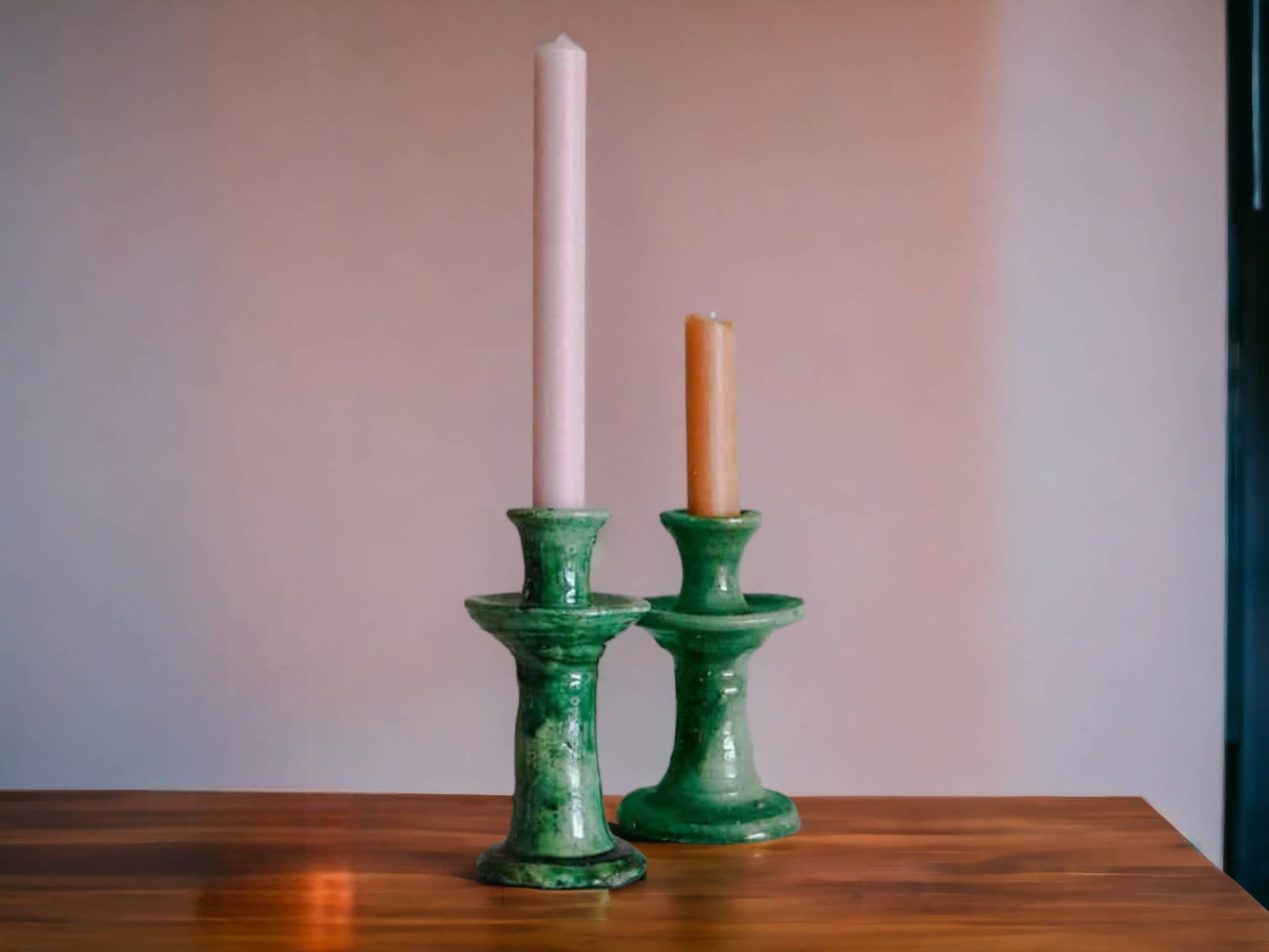 Handmade  Vintage Tamegroute Green Candlestick Holder: Medium