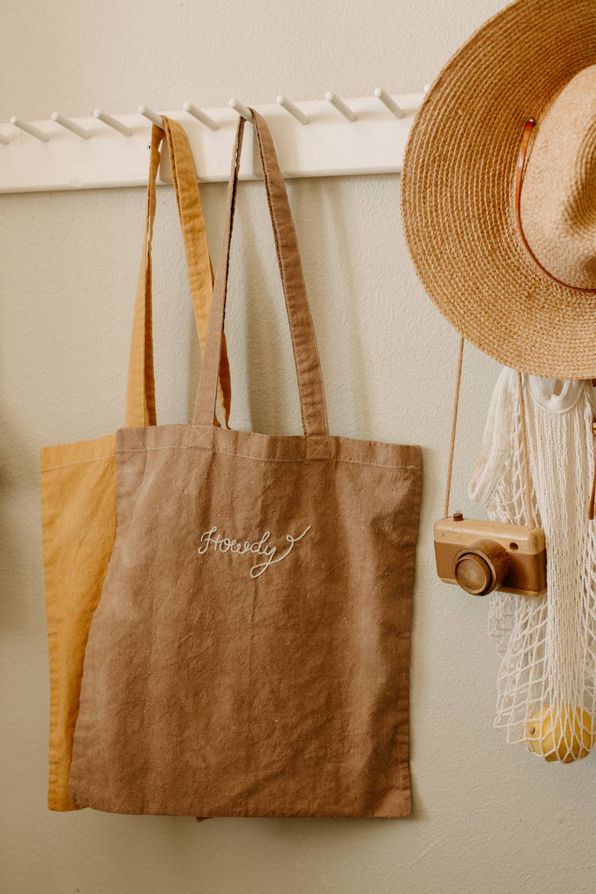 Hand embroidered cotton Tote , Howdy hand dyed tote bag: Coffee brown