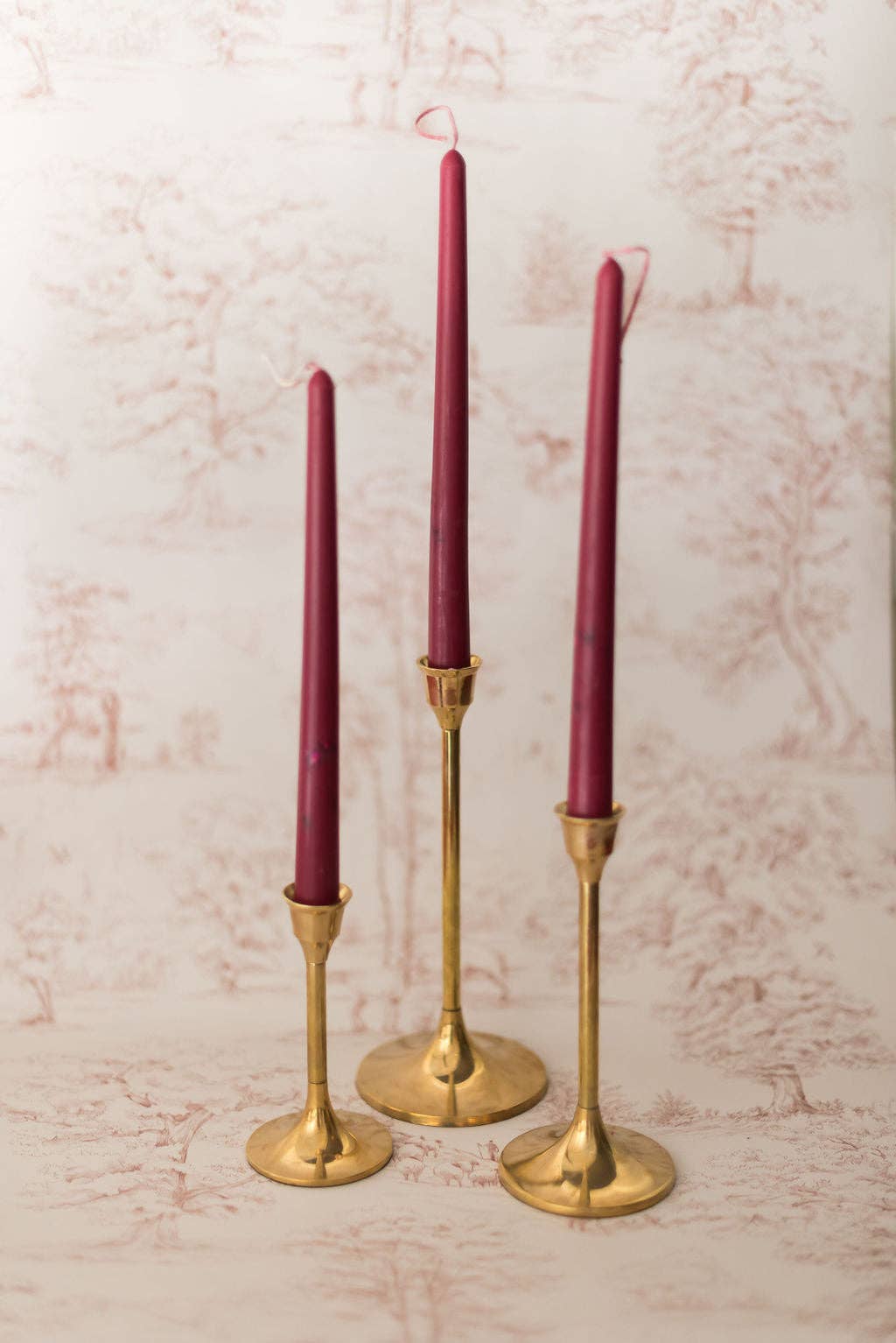 Floral Inlaid Tapered Candle in Burgundy - Set of 3