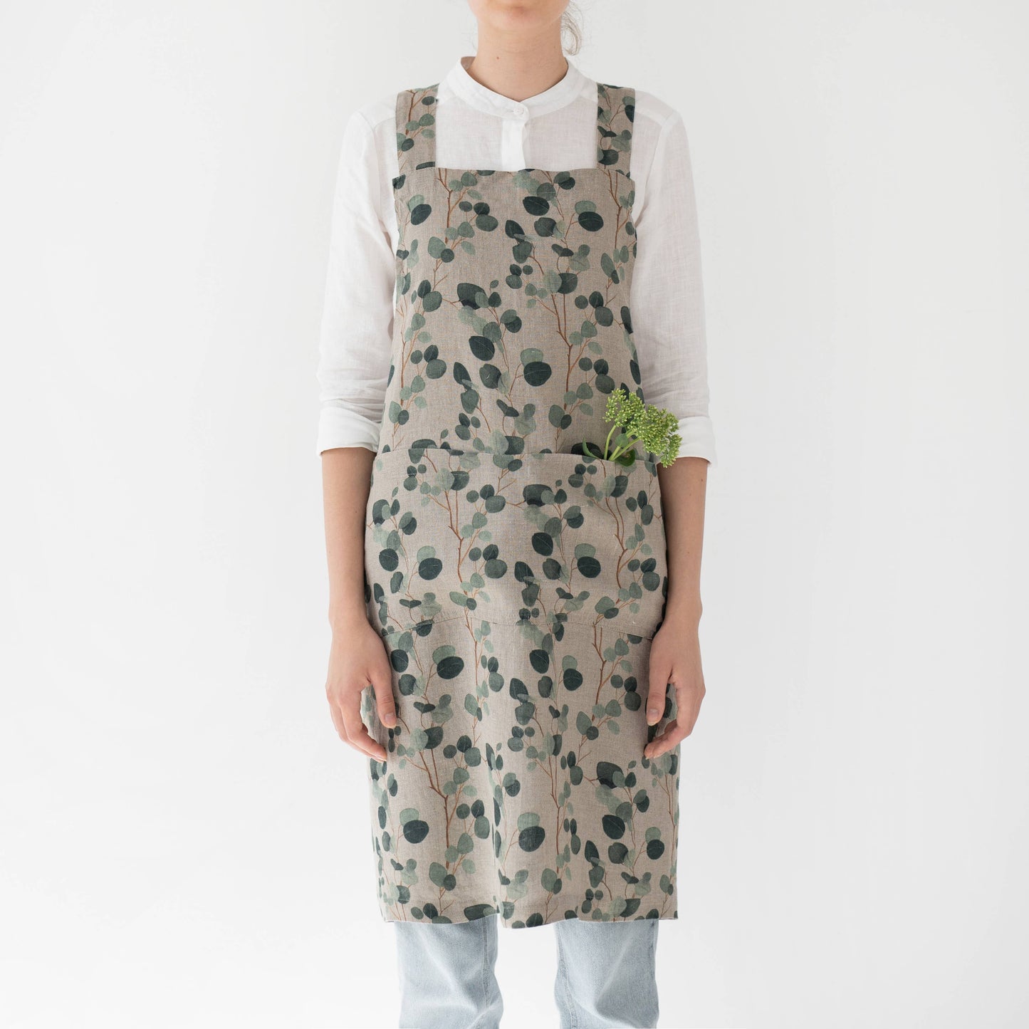 Eucalyptus on Natural Linen Japanese Crossback Apron