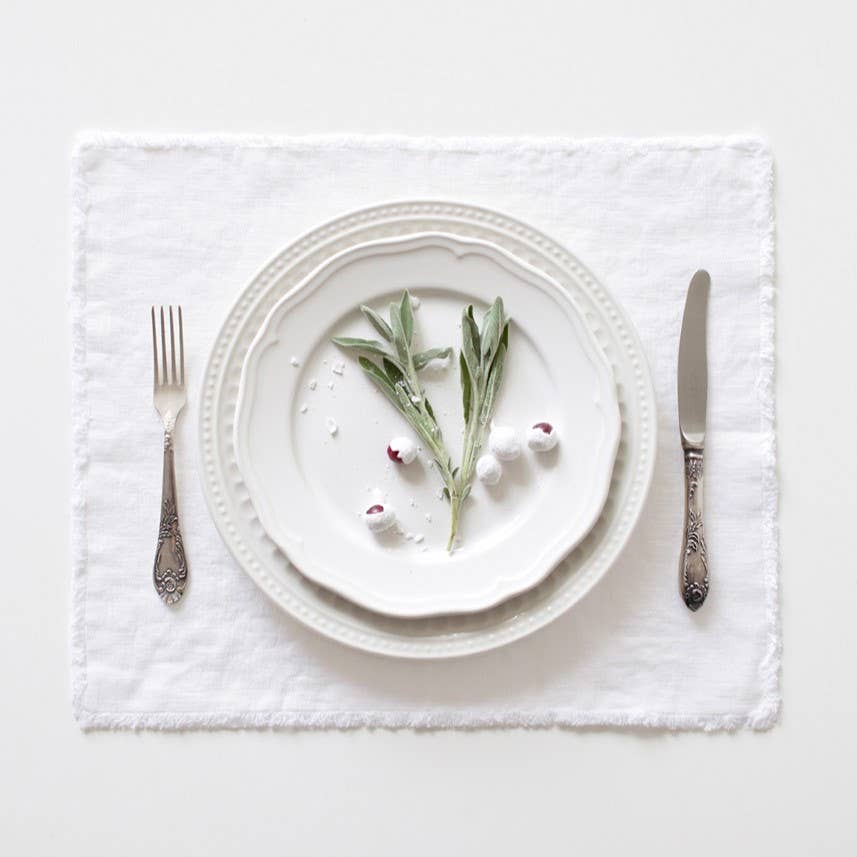 Optical White Linen Placemat with Fringes