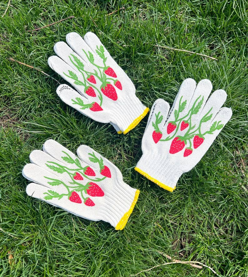 Strawberry Gardening Gloves: Cotton Knit Blend, Screen-Printed: Strawberry Gloves
