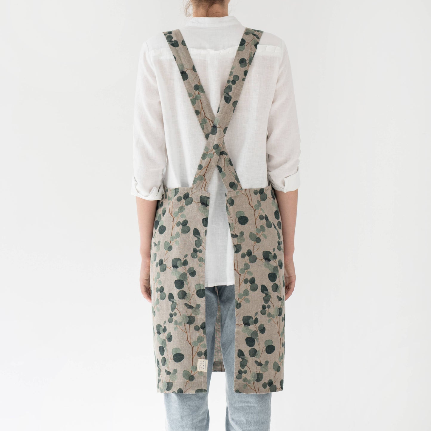Eucalyptus on Natural Linen Japanese Crossback Apron
