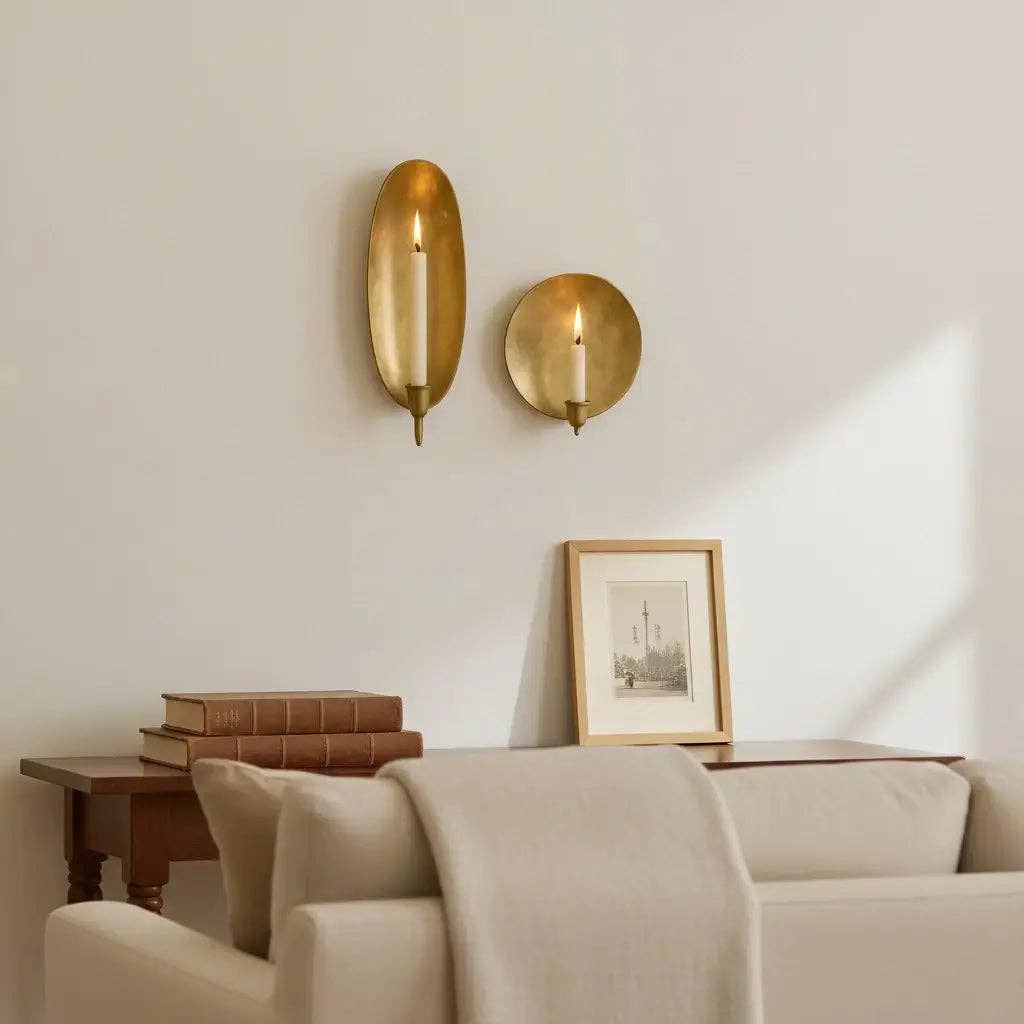 Brass Wall Candle Sconce Handmade Moroccan Brass Wall Sconce Round and Oval: Set Of 2  Round & Oval