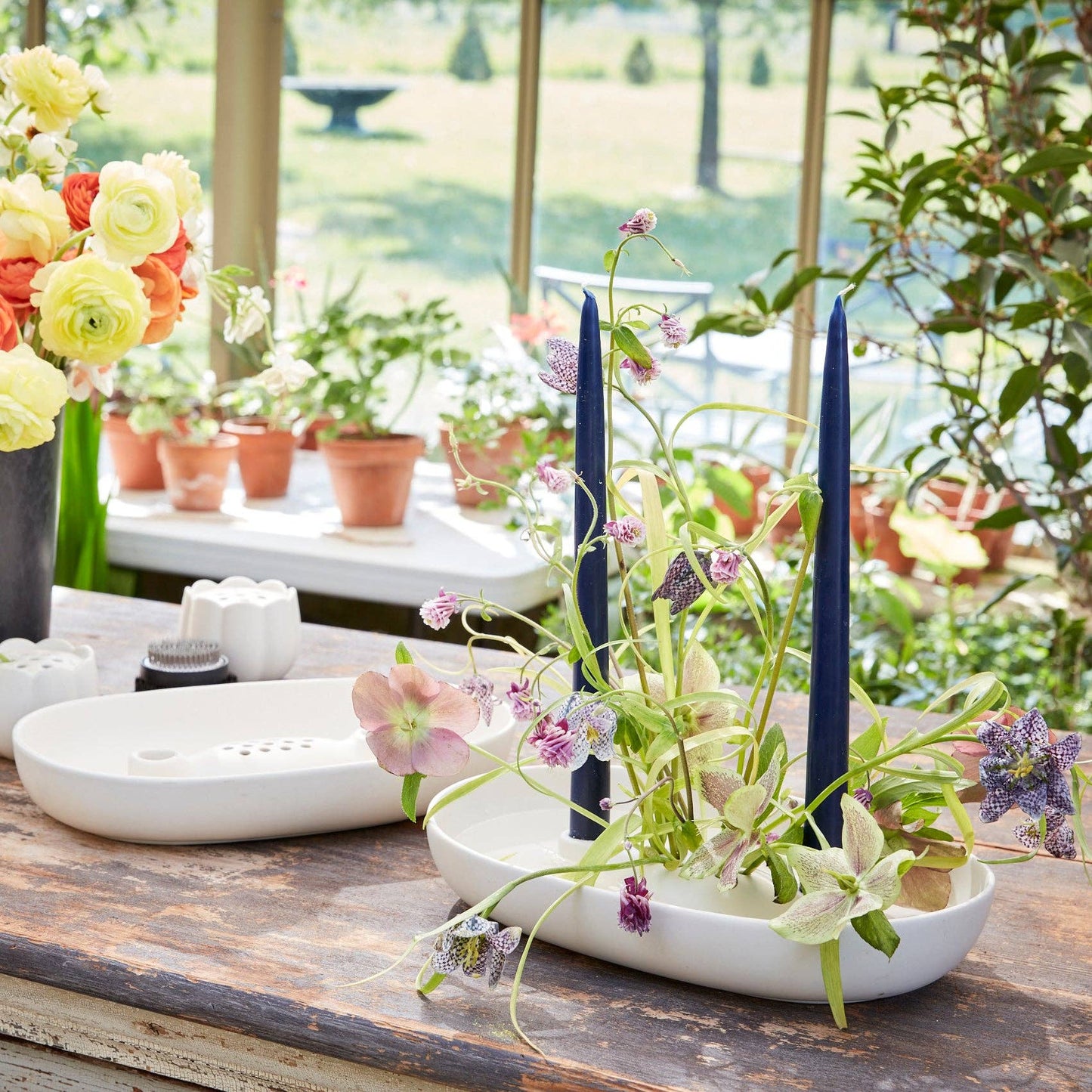 Ceramic Flower Frog Bowl & Taper Holder