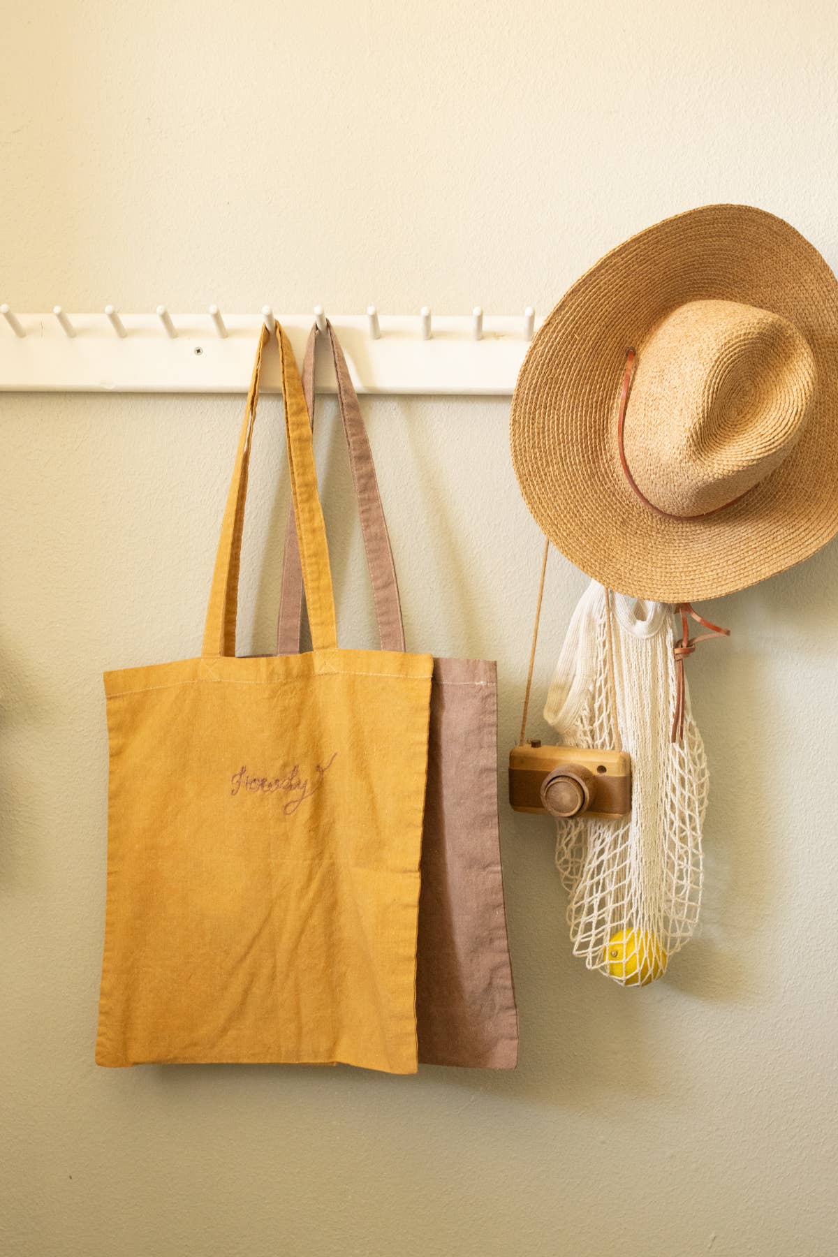 Hand embroidered cotton Tote , Howdy hand dyed tote bag: Coffee brown