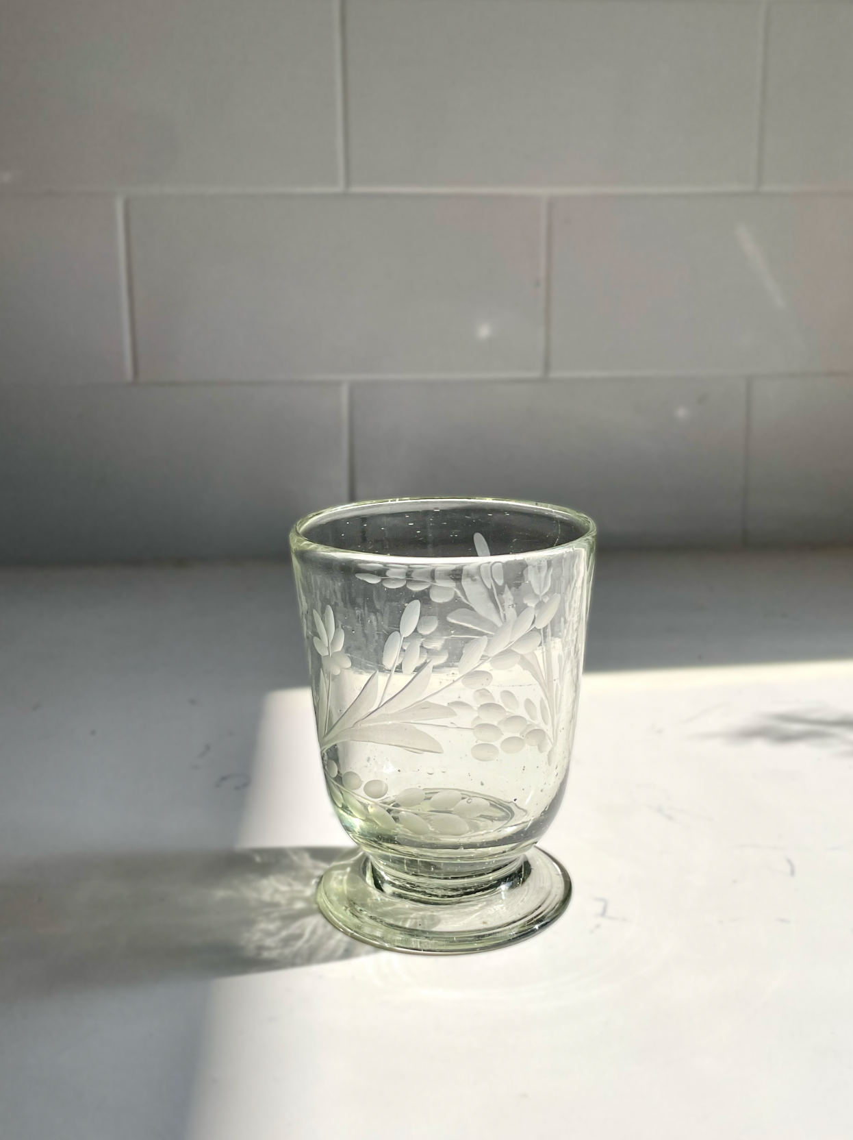 Hand-etched Blown Footed Glass: Water Glass