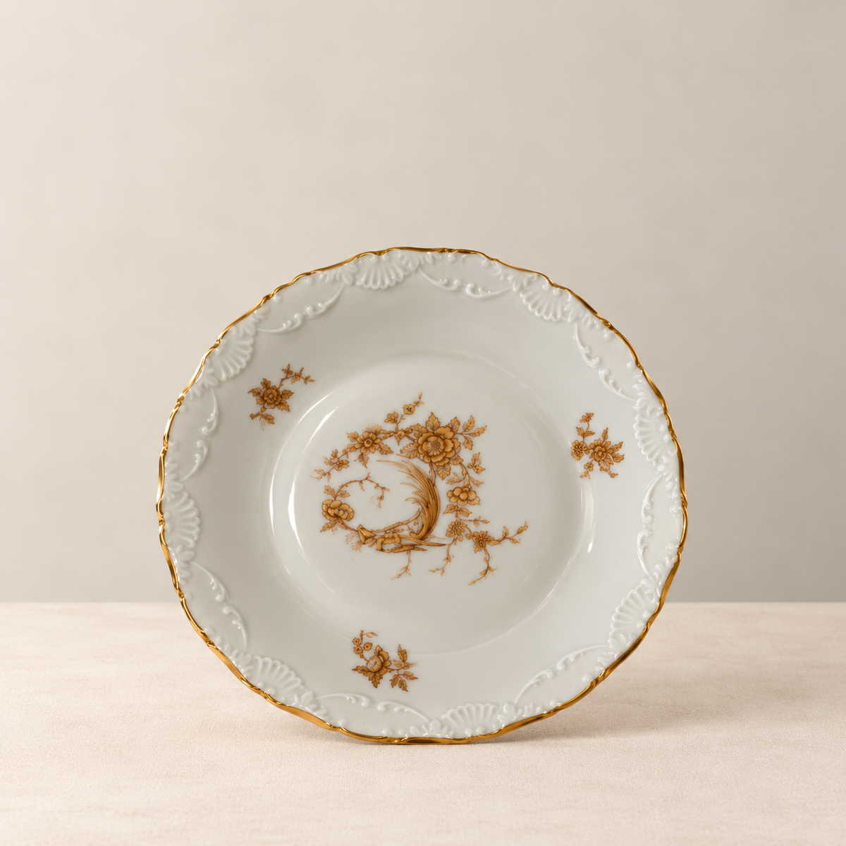 Vintage Limoges peacock floral cake stand in gold and white porcelain
