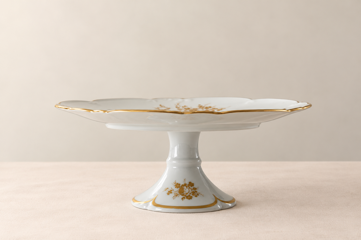 Limoges Peacock Cake Stand straight-on side view showing gold floral pedestal